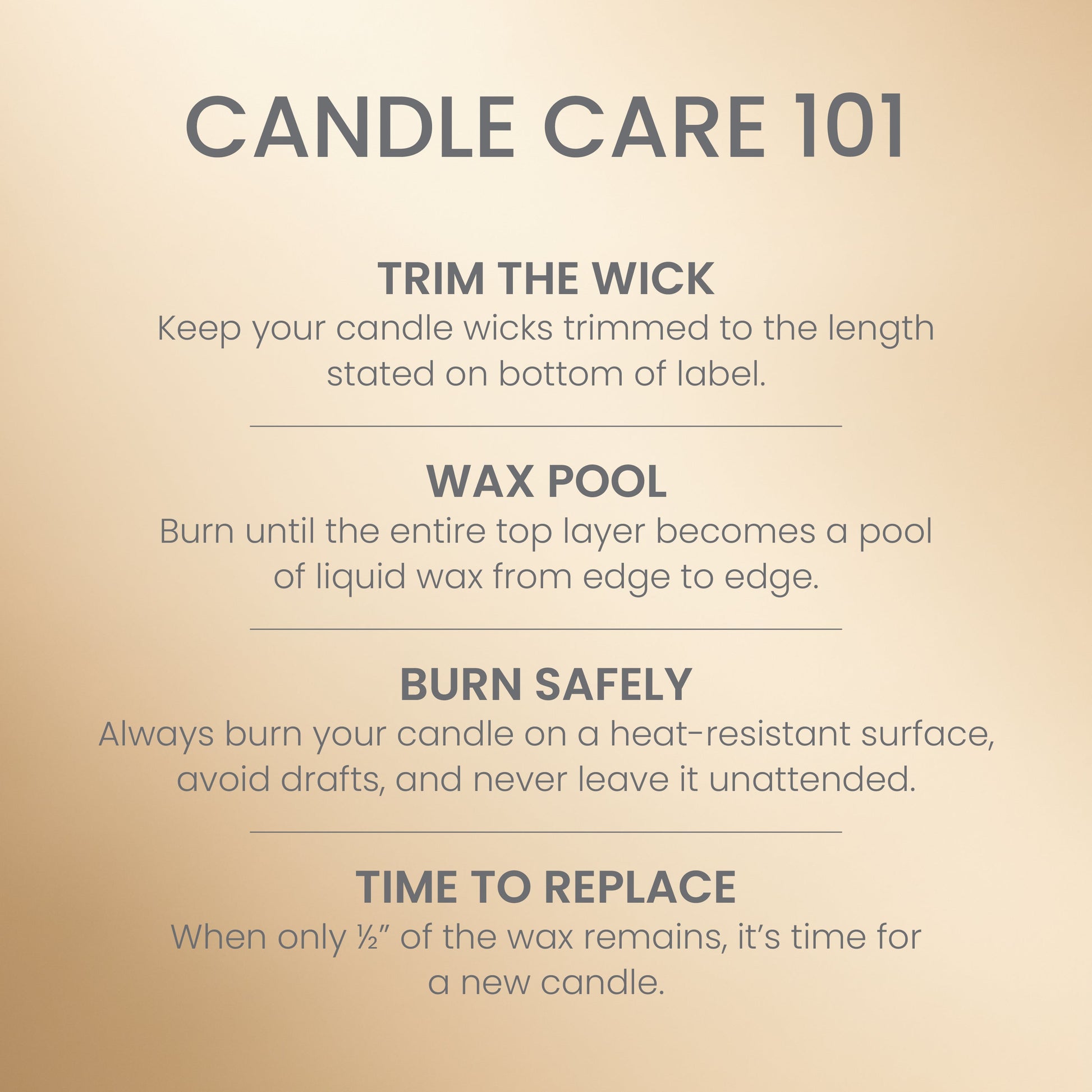 Candle care tips guide with burn safety, wick trimming, wax pool advice, and replacement instructions shown.